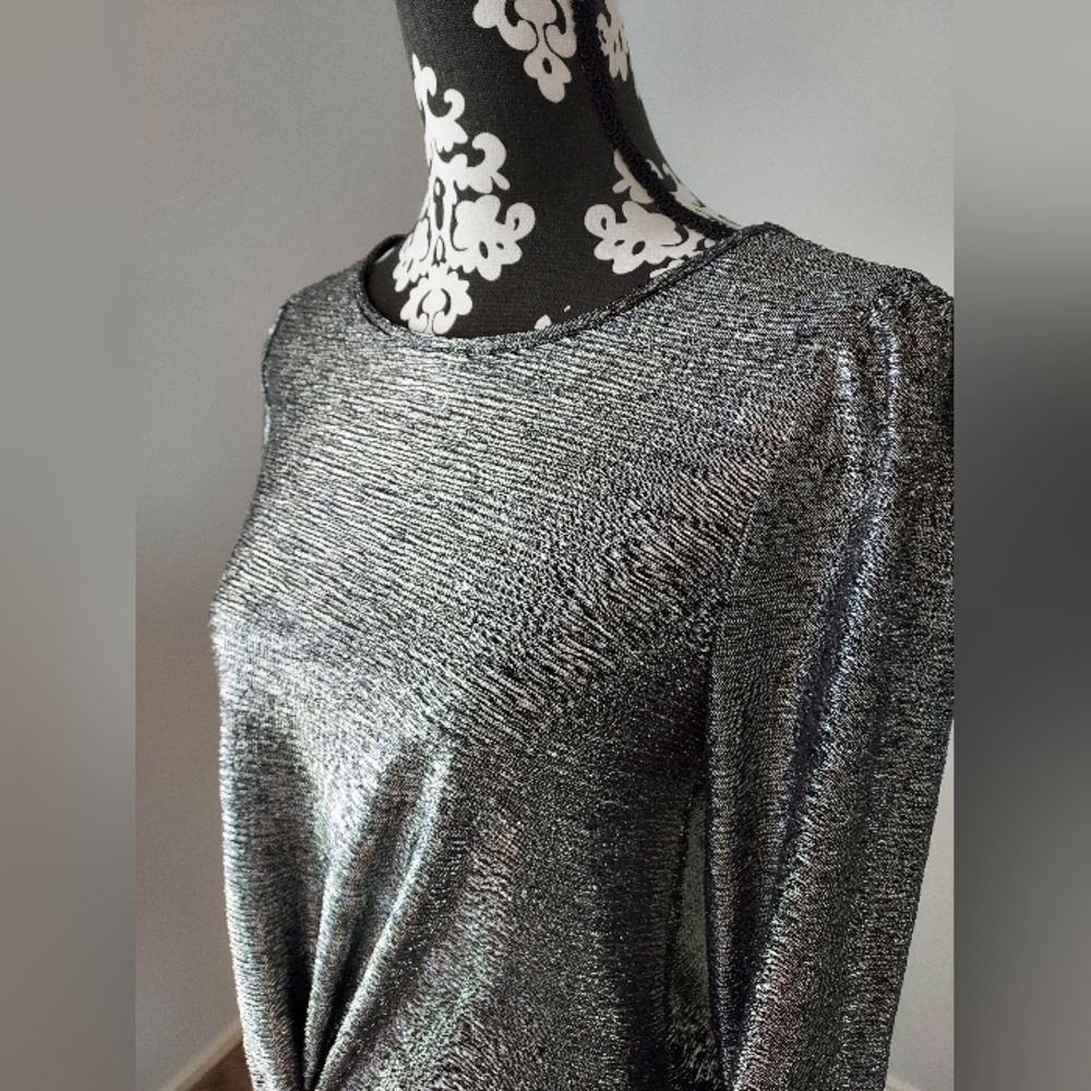 INC Metallic Top Womens size S Silver Round Neck Long Sleeve Twisted Hem - Picture 8 of 16